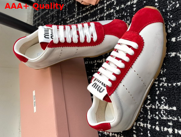 Miu Miu Plume Nappa Leather and Suede Sneakers White and Cerise 5E114E Replica