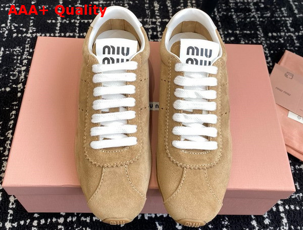 Miu Miu Plume Suede Sneakers in Desert Beige 5E114E Replica