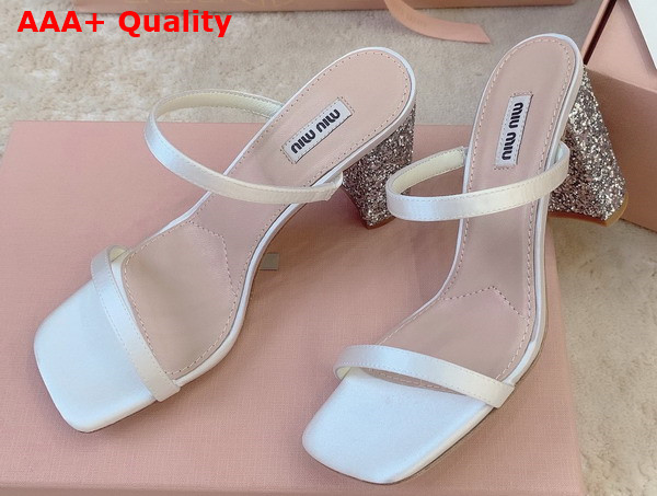 Miu Miu Satin and Glitter Slides in White and Silver Replica