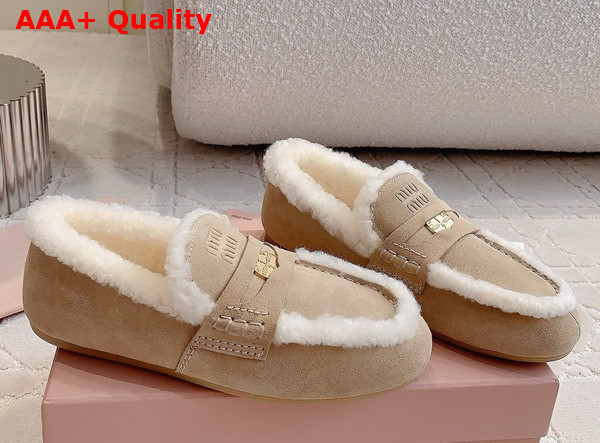 Miu Miu Suede Loafers in Ecru with Shearling Lining 5D273E Replica