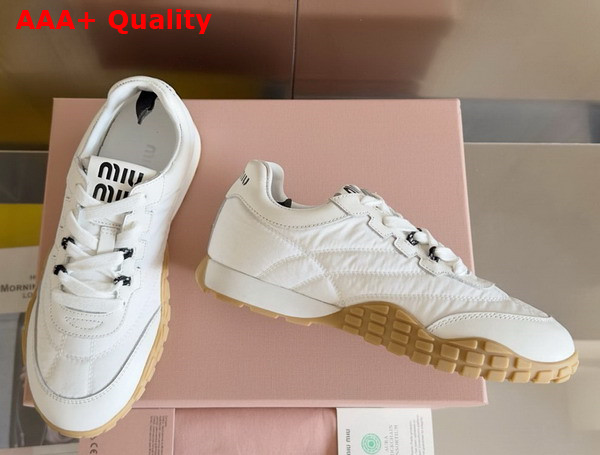 Miu Miu Tyre Technical Fabric and Leather Sneakers in Ivory 5E417E Replica