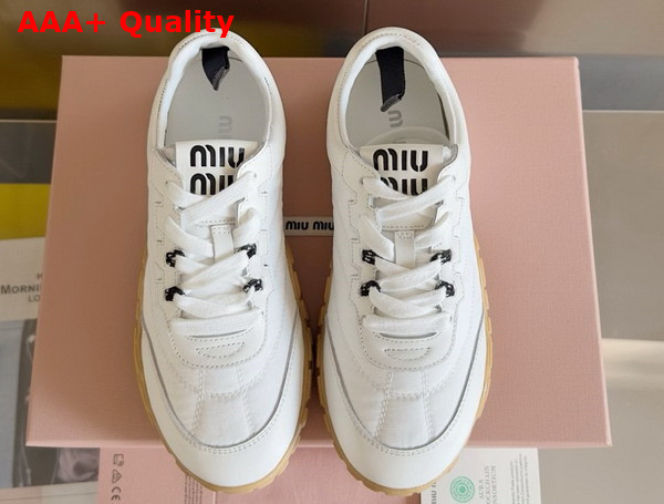 Miu Miu Tyre Technical Fabric and Leather Sneakers in Ivory 5E417E Replica