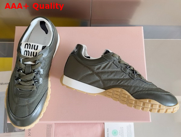 Miu Miu Tyre Technical Fabric and Leather Sneakers in Loden Green 5E417E Replica