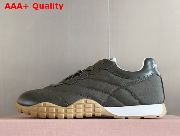 Miu Miu Tyre Technical Fabric and Leather Sneakers in Loden Green 5E417E Replica