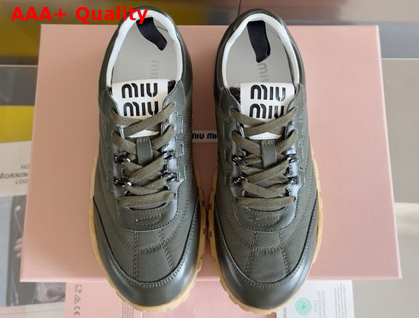 Miu Miu Tyre Technical Fabric and Leather Sneakers in Loden Green 5E417E Replica