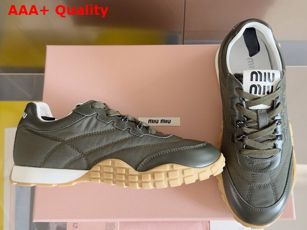 Miu Miu Tyre Technical Fabric and Leather Sneakers in Loden Green 5E417E Replica