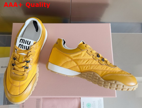 Miu Miu Tyre Technical Fabric and Leather Sneakers in Topaz 5E417E Replica