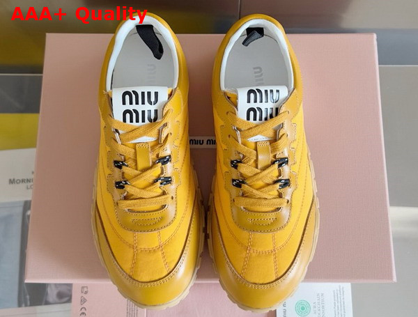 Miu Miu Tyre Technical Fabric and Leather Sneakers in Topaz 5E417E Replica