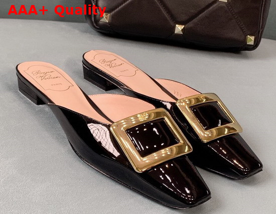 Roger Vivier Belle Vivier Metal Buckle Mules in Patent Leather Black Replica