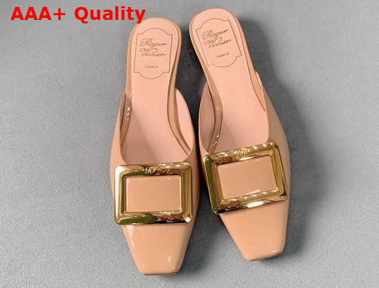 Roger Vivier Belle Vivier Metal Buckle Mules in Patent Leather Dusty Beige Replica