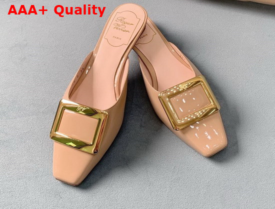 Roger Vivier Belle Vivier Metal Buckle Mules in Patent Leather Dusty Beige Replica