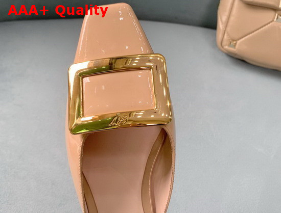 Roger Vivier Belle Vivier Metal Buckle Mules in Patent Leather Dusty Beige Replica