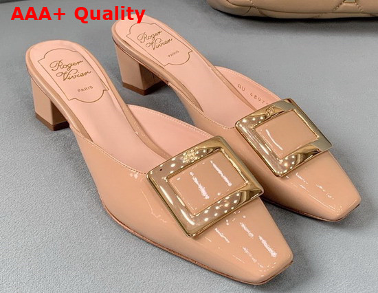 Roger Vivier Belle Vivier Metal Buckle Mules in Patent Leather Dusty Beige Replica