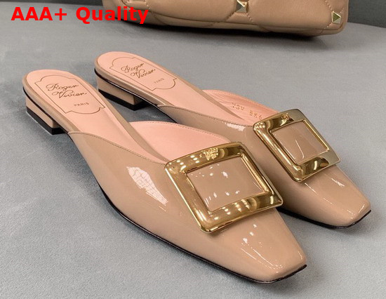 Roger Vivier Belle Vivier Metal Buckle Mules in Patent Leather Nude Replica