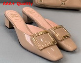 Roger Vivier Belle Vivier Metal Buckle Mules in Patent Leather Nude Replica