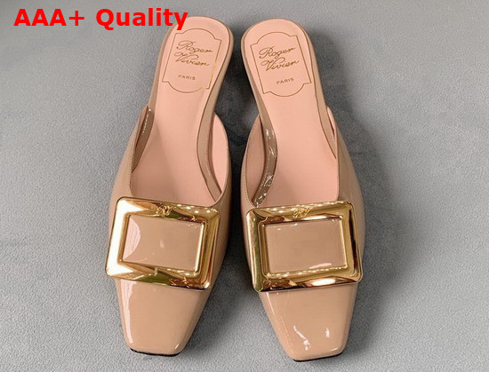 Roger Vivier Belle Vivier Metal Buckle Mules in Patent Leather Nude Replica