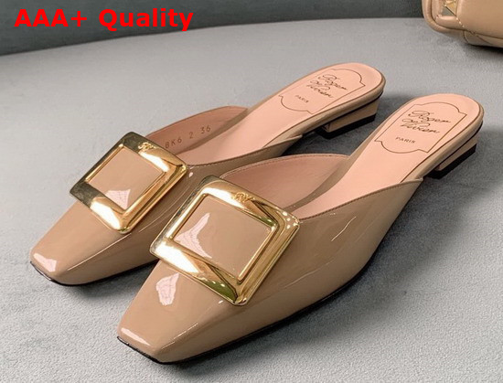 Roger Vivier Belle Vivier Metal Buckle Mules in Patent Leather Nude Replica