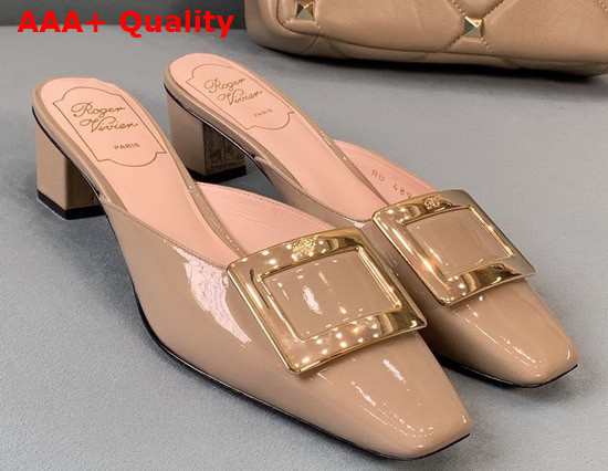 Roger Vivier Belle Vivier Metal Buckle Mules in Patent Leather Nude Replica