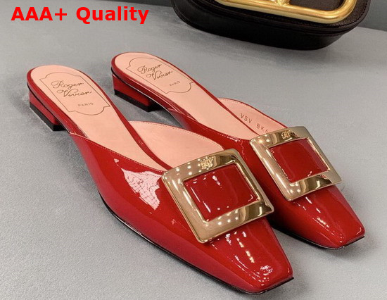 Roger Vivier Belle Vivier Metal Buckle Mules in Patent Leather Red Replica