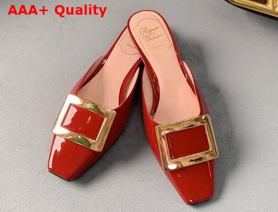 Roger Vivier Belle Vivier Metal Buckle Mules in Patent Leather Red Replica