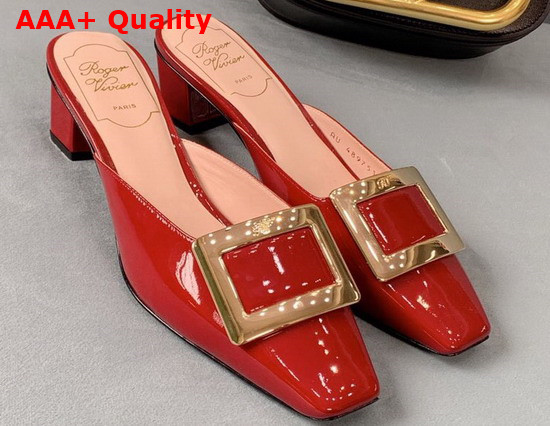 Roger Vivier Belle Vivier Metal Buckle Mules in Patent Leather Red Replica