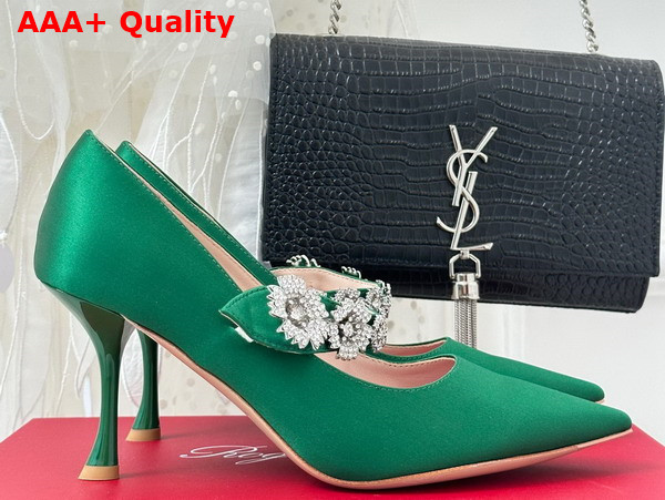 Roger Vivier Bouquet Flower Babies Pumps in Green Satin Replica