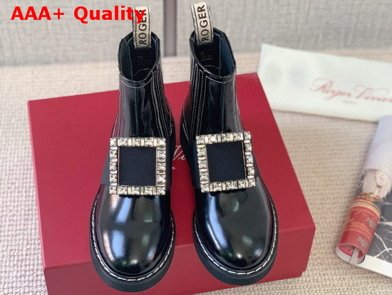 Roger Vivier Chelsea Viv Rangers Strass Buckle Ankle Boots in Black Patent Leather Replica