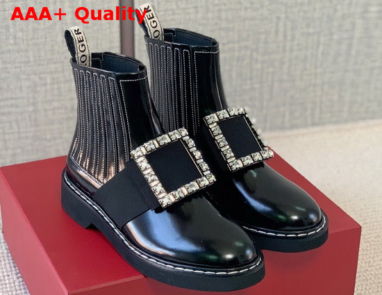 Roger Vivier Chelsea Viv Rangers Strass Buckle Ankle Boots in Black Patent Leather Replica