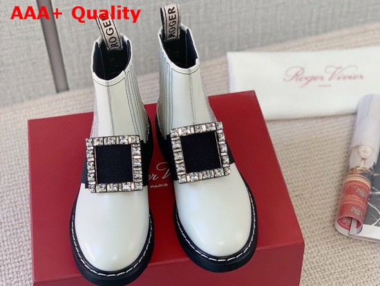 Roger Vivier Chelsea Viv Rangers Strass Buckle Ankle Boots in White Leather Replica