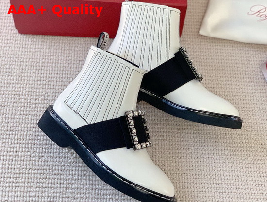 Roger Vivier Chelsea Viv Rangers Strass Buckle Ankle Boots in White Leather Replica