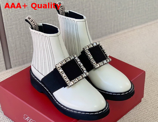 Roger Vivier Chelsea Viv Rangers Strass Buckle Ankle Boots in White Leather Replica