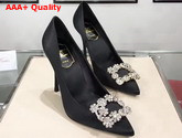 Roger Vivier Flower Strass Buckle Pumps in Black Silk Satin Replica