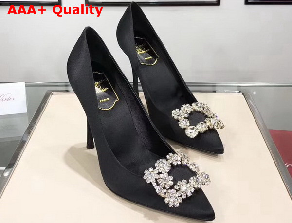 Roger Vivier Flower Strass Buckle Pumps in Black Silk Satin Replica