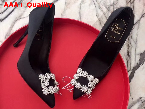 Roger Vivier Flower Strass Buckle Pumps in Black Silk Satin with Floral Crystal Embellished Jewel Buckle Replica