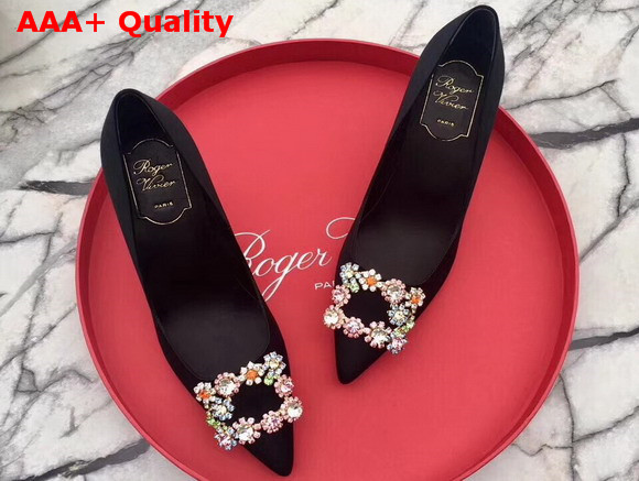 Roger Vivier Flower Strass Buckle Pumps in Black Silk Satin with Floral Crystal Embellished Jewel Buckle Replica