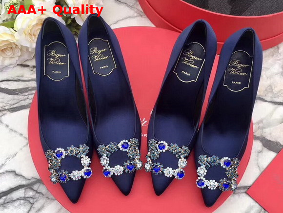 Roger Vivier Flower Strass Buckle Pumps in Blue Silk Satin with Floral Crystal Embellished Jewel Buckle Replica