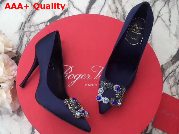 Roger Vivier Flower Strass Buckle Pumps in Blue Silk Satin with Floral Crystal Embellished Jewel Buckle Replica