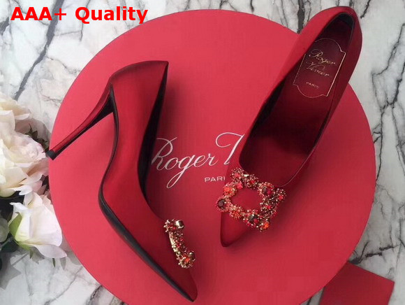 Roger Vivier Flower Strass Buckle Pumps in Red Silk Satin with Floral Crystal Embellished Jewel Buckle Replica