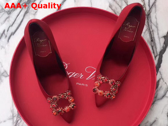 Roger Vivier Flower Strass Buckle Pumps in Red Silk Satin with Floral Crystal Embellished Jewel Buckle Replica