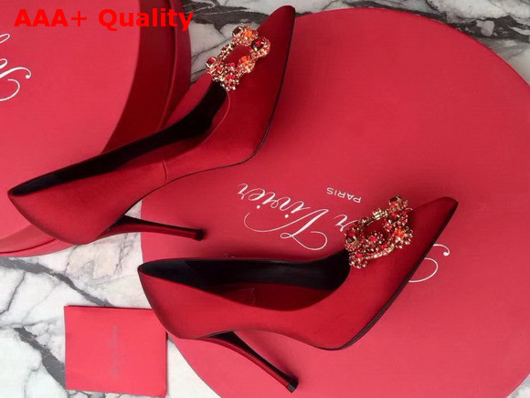 Roger Vivier Flower Strass Buckle Pumps in Red Silk Satin with Floral Crystal Embellished Jewel Buckle Replica