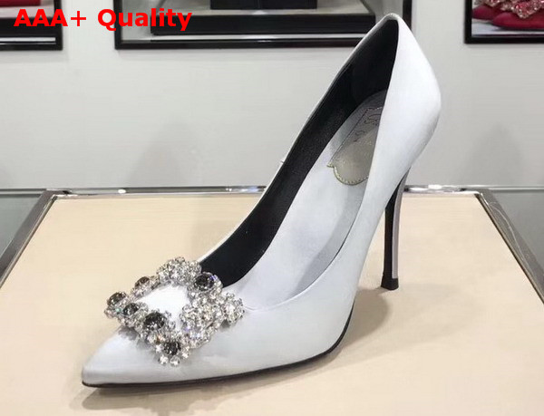 Roger Vivier Flower Strass Buckle Pumps in White Silk Satin Replica