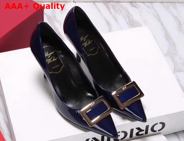 Roger Vivier Metal Buckle Pumps in Blue Patent Leather Replica