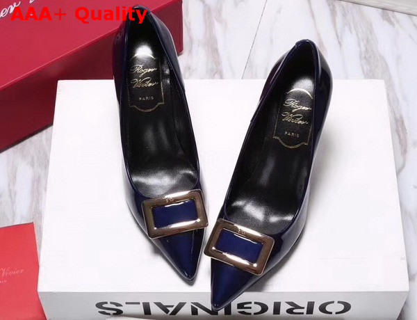 Roger Vivier Metal Buckle Pumps in Blue Patent Leather Replica