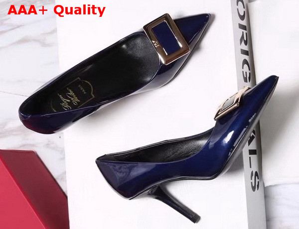 Roger Vivier Metal Buckle Pumps in Blue Patent Leather Replica