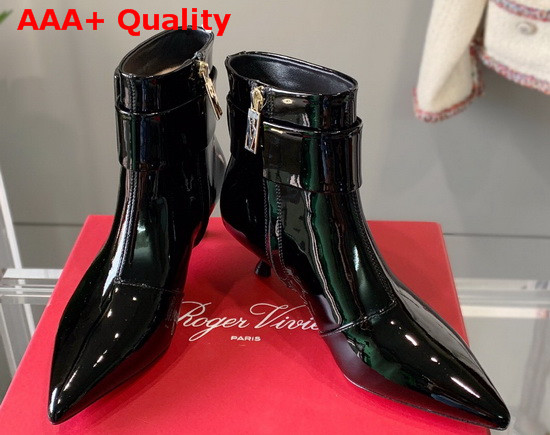 Roger Vivier Pointy Covered Buckle Ankle Boots in Patent Leather Black Replica