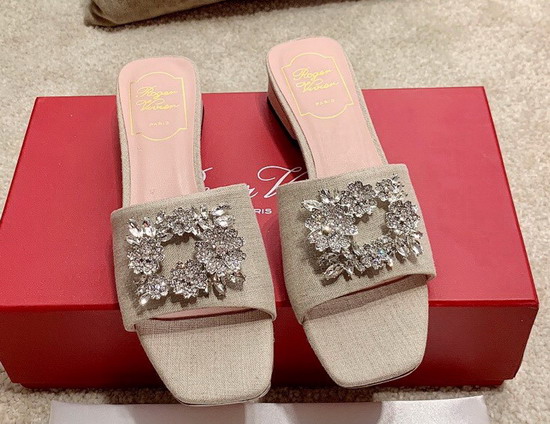 Roger Vivier RV Bouquet Strass Buckle Mules in Fabric Beige Replica