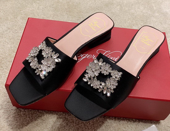 Roger Vivier RV Bouquet Strass Buckle Mules in Satin Black Replica