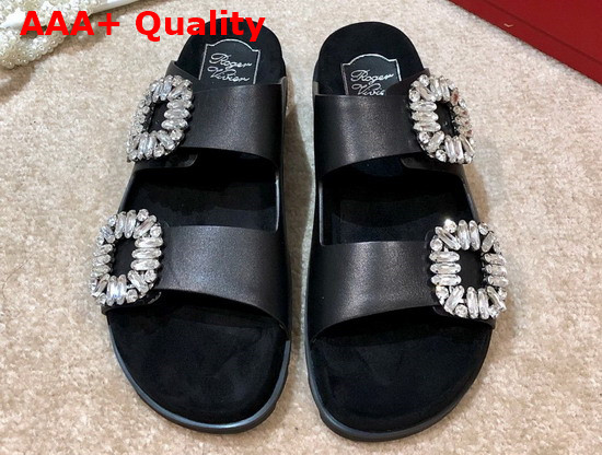 Roger Vivier Slidy Viv Strass Buckle Mules in Black Leather Replica