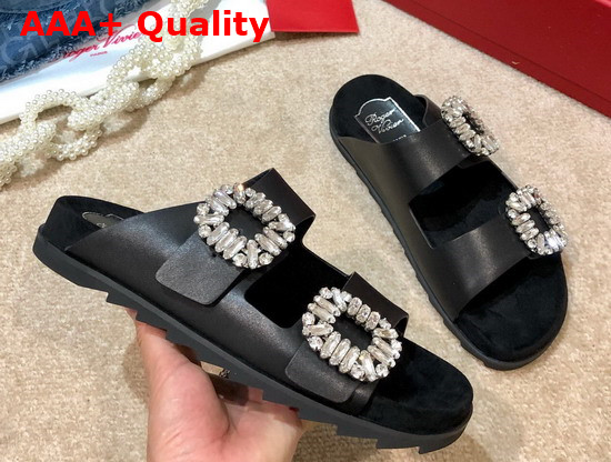 Roger Vivier Slidy Viv Strass Buckle Mules in Black Leather Replica