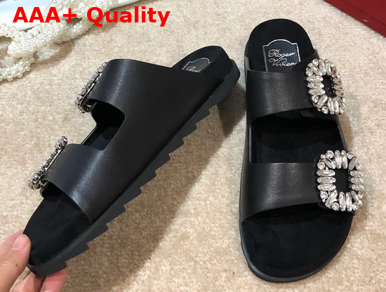 Roger Vivier Slidy Viv Strass Buckle Mules in Black Leather Replica